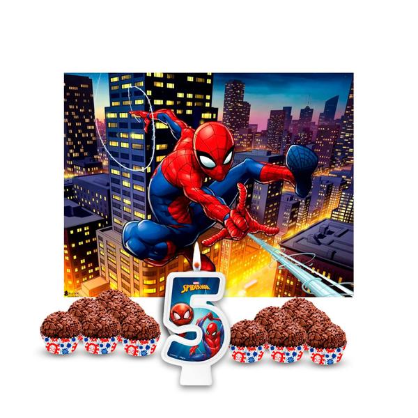 Imagem de Kit Festa Homem Aranha Vela N5 + Painel + 100 Forminhas