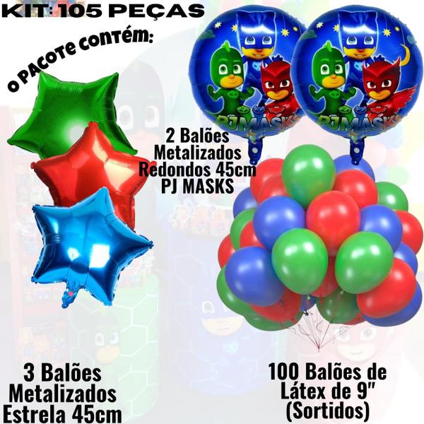 Imagem de Kit Festa PJ Masks, 2 Balões Metalizados 45cm +3 Estrelas Metalizadas 45 cm+ 25/50/75/100 Balões Látex N9 Cores Sortidas