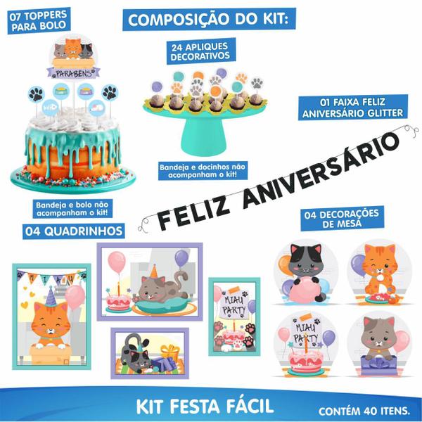 Imagem de Kit Festa Pronta Decoração Pet Gato Gatinho - 40 unid