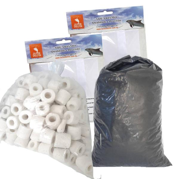 Imagem de Kit Filtragem Aquário Carvão 1kg+Cerâmica 1kg+2 bolsas nº2