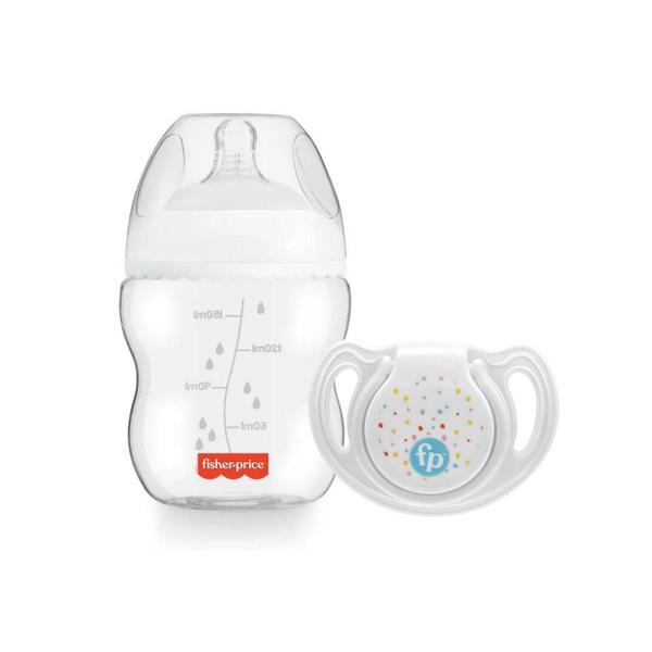 Imagem de Kit Fisher Price Mamadeira 150 ml e Chupeta Soft Azul Tam 1 com case Esterilizador