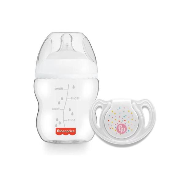 Imagem de Kit Fisher Price Mamadeira 150 ml e Chupeta Soft Rosa Tam 1 com Esterilizador