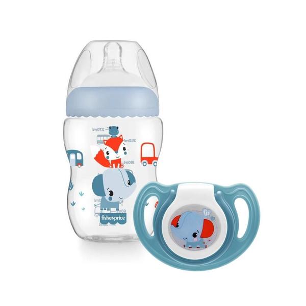 Imagem de Kit Fisher Price Mamadeira 270 ml e Chupeta Soft Tam 2 com Case Esterilizador Azul