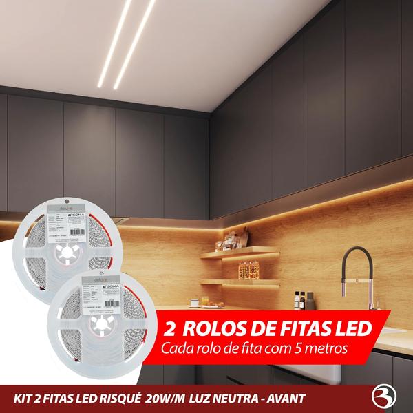 Imagem de KIT Fita De Led 10 Metros 20W 12V Ip20 luz Interna Branco Neutro/Amarela - Risqué Avant