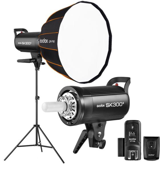 Imagem de Kit Flash Estúdio Godox SK300II com Rádio Flash + Softbox Parabólico QR-P90 + Tripé 2,6m