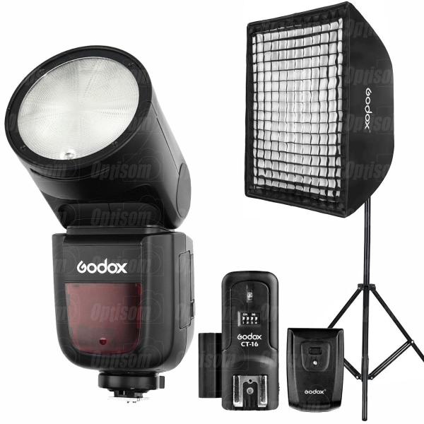 Imagem de Kit Flash Godox Ttl V1 Para Canon Com Softbox 60x60 Grid +  Tripé + Rádio Flash Xadrez/Preto