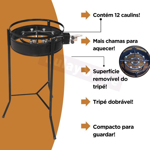 Imagem de Kit - Fogareiro À Gás Duplo 12 Caulins - Com Tripé/Disco/Tampa Preto Alta Temperatura HANNAH
