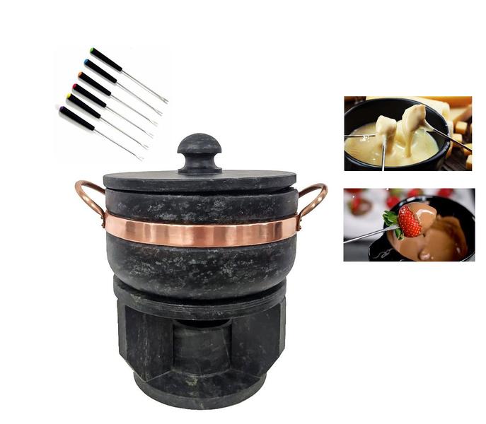 Imagem de Kit Fondue 1,5L Pedra Sabão + 5 Tigelas + 6 Garfos Curado