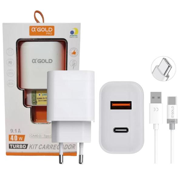 Imagem de Kit Fonte 40W 9.1A + Cabo Carregador Turbo 4.0 Usb Tipo-C Entrada Usb-A + Usb-C