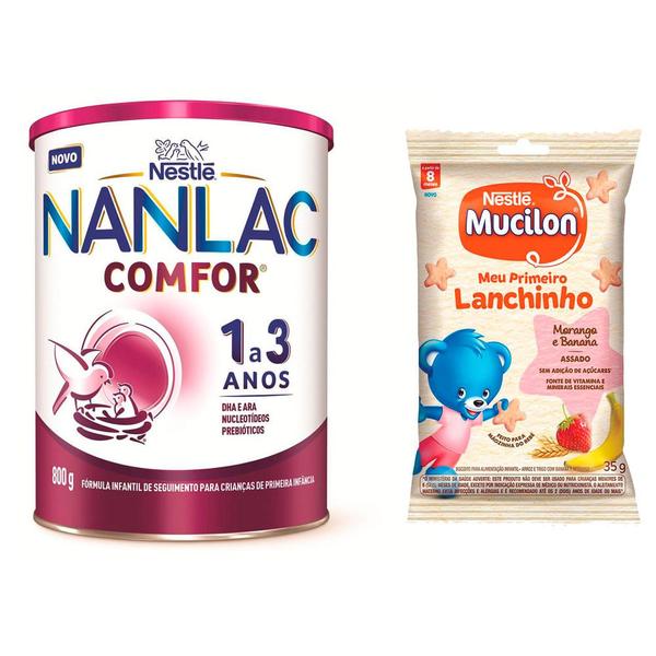 Kit Fórmula Infantil NANLAC Comfor 800g e Biscoito Mucilon Snack Morango e Banana 35g Imagem de Kit Fórmula Infantil NANLAC Comfor 800g e Biscoito Mucilon Snack Morango e Banana 35g