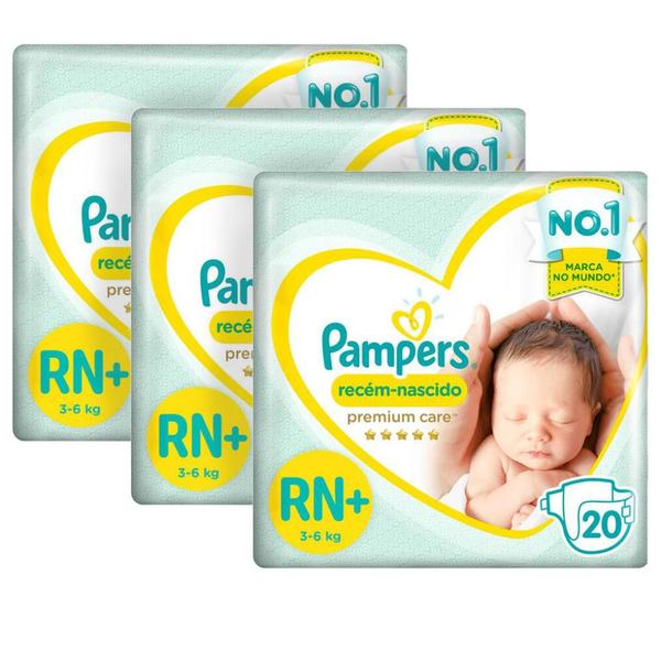 Imagem de Kit Fralda Pampers Premium Care Recém Nascido Plus com 60 unidades - 3 à 6Kg