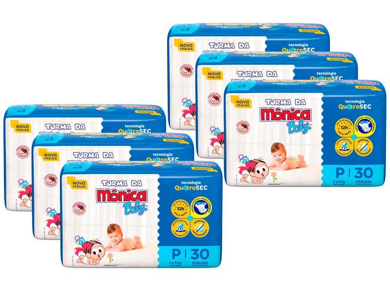 Kit Fralda Turma da Mônica Baby Tam. P 3 a 5kg - 6 Pacotes com 30 Unidades Cada Kit Fralda Turma da Mônica Baby Tam. P 3 a 5kg - 6 Pacotes com 30 Unidades Cada