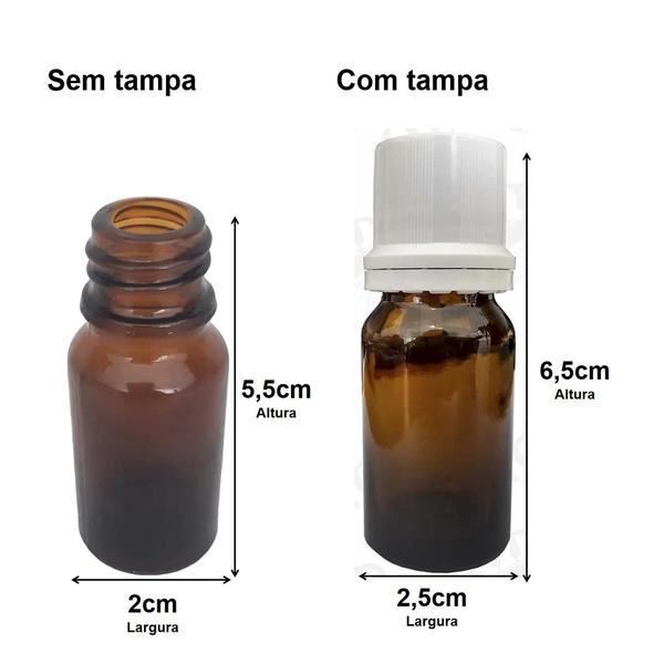 Imagem de Kit Frascos de Vidro Ambar Pequeno Cilíndrico 10ml com Tampa Lacre e Conta Gotas  Gotejador Badoque