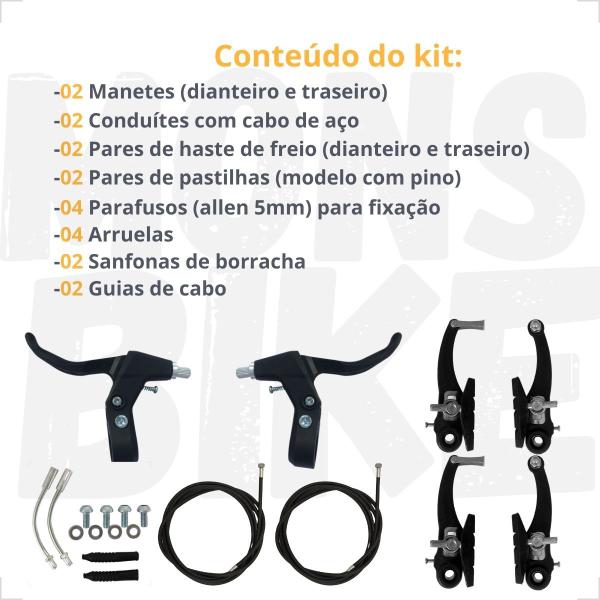 Imagem de Kit Freio V-Brake Completo Dianteiro e Traseiro + Selim Bike Bicicleta Banco Molas