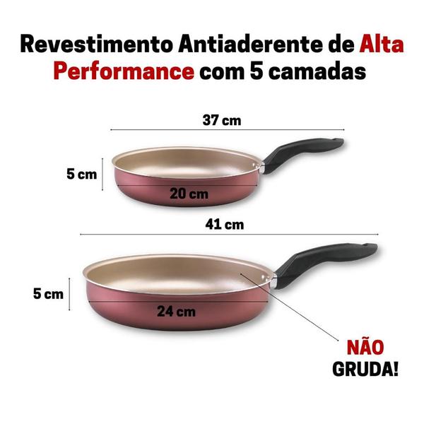 Kit Frigideira 2 peças Cereja e Dourado com Tampa de Vidro Alumi-Aço Linha Premium J4TECH Alumínio Antiaderente Teflon Ultra Resistente Imagem de Kit Frigideira 2 peças Cereja e Dourado com Tampa de Vidro Alumi-Aço Linha Premium J4TECH Alumínio Antiaderente Teflon Ultra Resistente