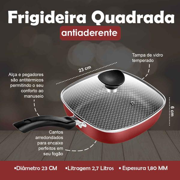 Imagem de Kit Frigideira Quadrada Antiaderente Funda N 23 + Panela De Pressão Fechamento Externo 5L Vermelho Patolux