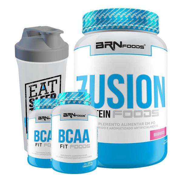 Imagem de Kit Fusion 900G Morango + 2X Bcaa + Coqueteleira -Brnfoods