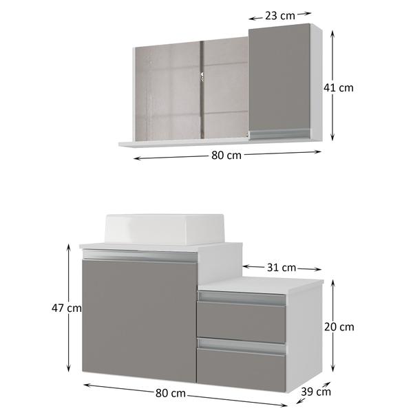 Imagem de Kit gabinete banheiro completo - armário + cuba + espelheira cross 80cm branco/cinza