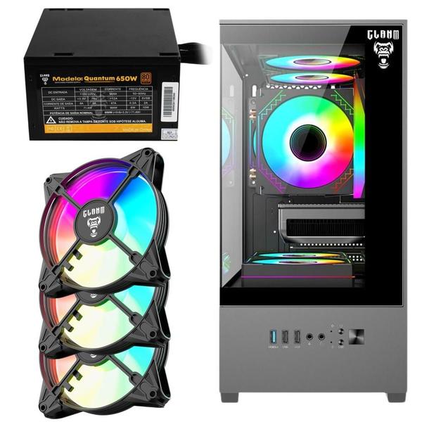 Imagem de Kit Gabinete Gamer Clanm Megalon Suporta Até 5 Ventoinhas 120mm e  Cooler CPU Com Vidro Temperado + Fonte Quantum 650W ATX + 3 Unid Fans Rgb