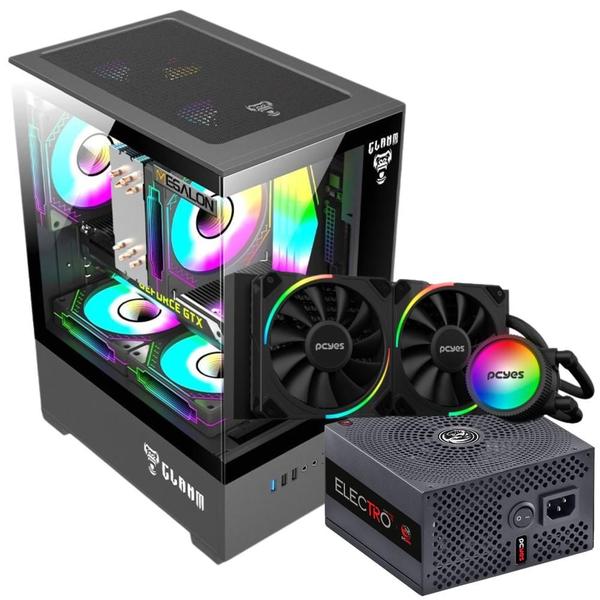 Kit Gabinete Gamer Clanm Suporta Até 5 Ventoinhas e Water Cooler Vidro Temperado + Fonte 650W Pcyes Atx + Water Cooler Pcyes Argb Tdp 250W 240mm Imagem de Kit Gabinete Gamer Clanm Suporta Até 5 Ventoinhas e Water Cooler Vidro Temperado + Fonte 650W Pcyes Atx + Water Cooler Pcyes Argb Tdp 250W 240mm