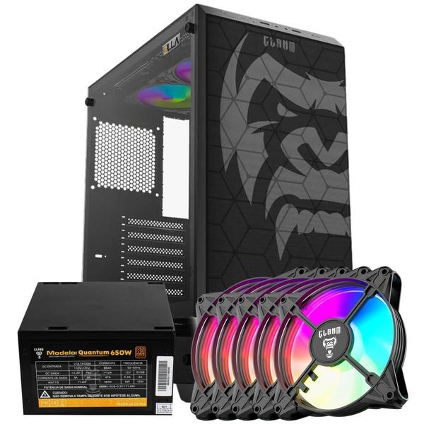 Imagem de Kit Gabinete Gamer Clanm Zilla Suporta Até 6 Ventoinhas 120mm e Water  Cooler Com Vidro Temperado + Fonte Quantum 650W ATX + 5 Unid Fan Rgb Eurus