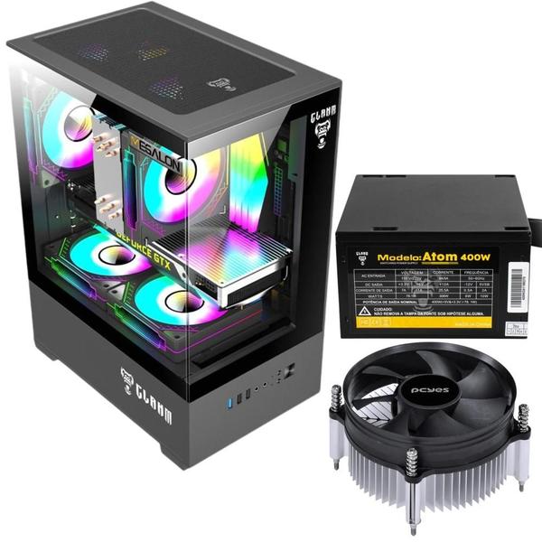 Imagem de Kit Gabinete Gamer Megalon Com Vidro Temperado Suporta Water Cooler e 5  Ventoinhas + Fonte 400W ATX Bivolt + Cooler de Processador 92mm Tdp 65W