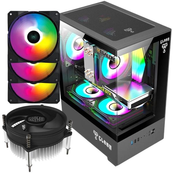 Imagem de Kit Gabinete Gamer Megalon Mid Tower Suporta Até 5 Ventoinhas + 3 Unid  Cooler Fan Led Fixo 5 Cores V.Ring 120mm + Cooler Para Processador I30 92mm