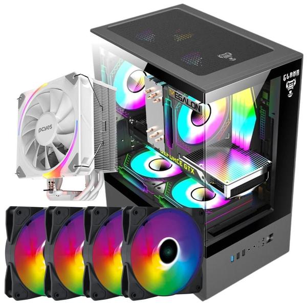 Imagem de Kit Gabinete Gamer Megalon Suporta Até 5 Fans e Water Cooler Com Vidro  Temperado + Air Cooler White Ghost 120mm Tdp 180W P/ Intel e AMD + 4 Unid Cooler Fan  Led Fixo 5 Cores