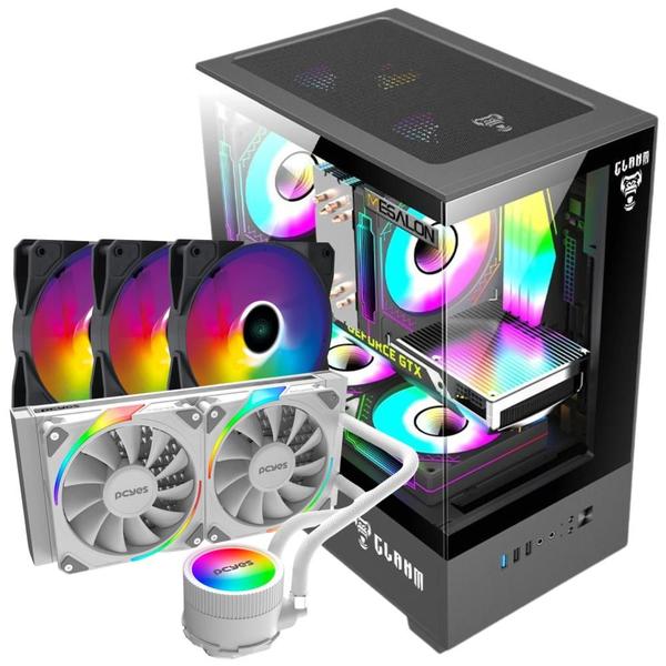 Imagem de Kit Gabinete Gamer Megalon Vidro Temperado Suporta Water Cooler + Water  Cooler White Ghost Tdp 250W Argb + 3 Unid Cooler Fan V.Ring Led Fixo 5 Cores