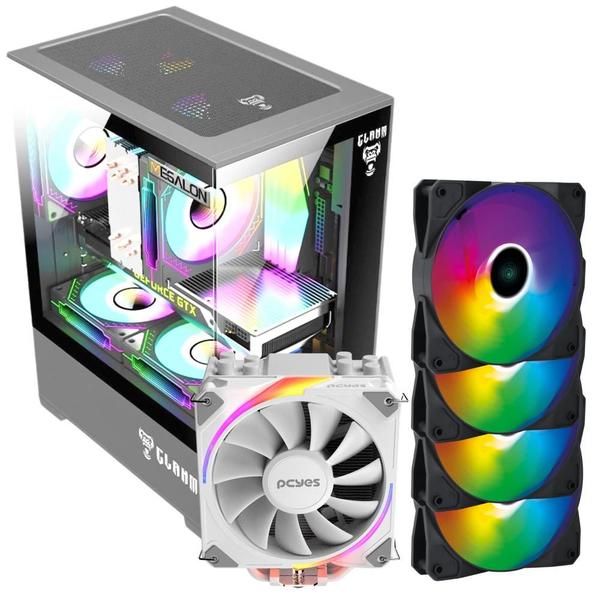 Kit Gabinete Gamer Mid Tower Suporta Water Cooler e 5 Fans Vidro Temperado + Air Cooler White Ghost Tdp 180W Para Intel e AMD + 4 Unid Cooler Fan Led Fixo 5 Cores - Clanm Imagem de Kit Gabinete Gamer Mid Tower Suporta Water Cooler e 5 Fans Vidro Temperado + Air Cooler White Ghost Tdp 180W Para Intel e AMD + 4 Unid Cooler Fan Led Fixo 5 Cores