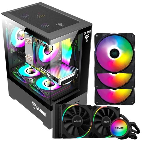 Imagem de Kit Gabinete Gamer Mid Tower Suporta Water Cooler e 5 Fans Vidro  Temperado + Water Cooler Pcyes Argb 360mm Tdp 350W + 3 Unid Cooler Fan Led Fixo 5  Cores