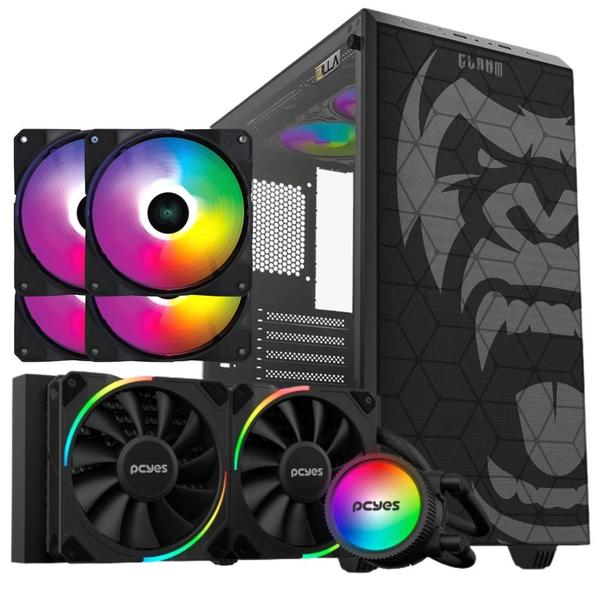 Imagem de Kit Gabinete Gamer Mid Tower Suporta Water Cooler e 6 Fans Vidro  Temperado + Water Cooler Pcyes 240mm Tdp 250W + 4 Unid Cooler Fan V.Ring Led Fixo 5  Cores