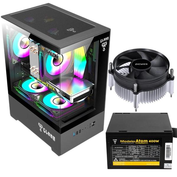 Imagem de Kit Gabinete Gamer Mid Tower Suporta Water Cooler e Até 5 Fans + Fonte  Atom 400W ATX + Cooler de Processador Tdp 65W Pcye