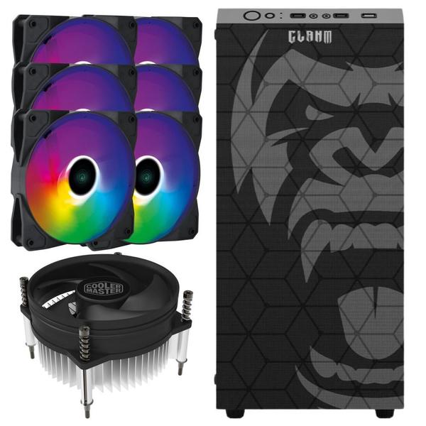 Imagem de Kit Gabinete Gamer Zilla Com Vidro Temperado Suporta Water Cooler + Air  Cooler I30 Cooler Master + 6 Unid Cooler Fan V.Ring Led Fixo 5 Cores