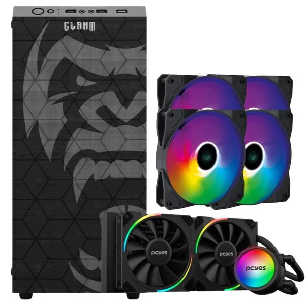 Imagem de Kit Gabinete Gamer Zilla Mid Tower Suporta Até 6 Fans e Water Cooler + 4  Unid Cooler Fan Led Fixo 5 Cores 120mm + Water Cooler 240mm Tdp 250W Pcyes