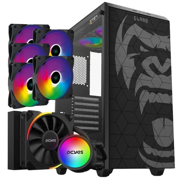 Kit Gabinete Gamer Zilla Mid Tower Suporta Até 6 Fans e Water Cooler + 5 Unid Cooler Fan Led Fixo 5 Cores V.Ring 120mm + Water Cooler Sangue Frio 120mm Tdp 200W Argb - Clanm Imagem de Kit Gabinete Gamer Zilla Mid Tower Suporta Até 6 Fans e Water Cooler + 5 Unid Cooler Fan Led Fixo 5 Cores V.Ring 120mm + Water Cooler Sangue Frio 120mm Tdp 200W Argb