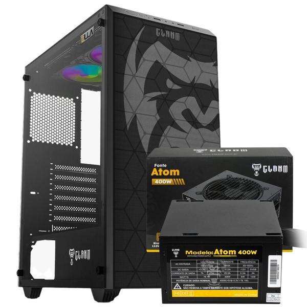 Imagem de Kit Gabinete Gamer Zilla Suporta Até 6 Fans e Water Cooler Com Vidro Temperado + Fonte Atom Bivolt 400W Fan Silenciosa