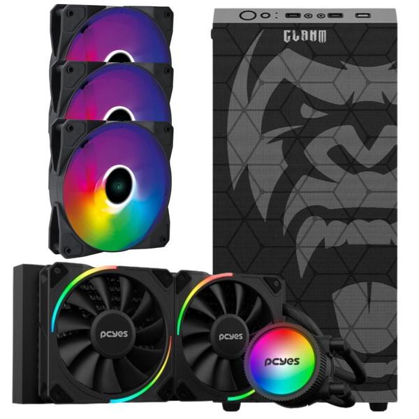 Imagem de Kit Gabinete Gamer Zilla Suporta Até 6 Fans e Water Cooler Com Vidro  Temperado + Water Cooler Pcyes 240mm Tdp 250W + 3 Unid Cooler Fan Led Fixo 5 Cores  120mm