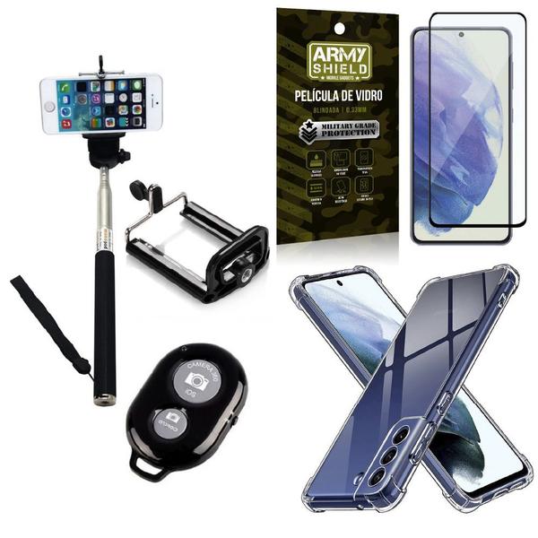 Imagem de Kit Galaxy S21 FE Bastão Selfie Bluetooth + Capinha Anti Impacto + Película Vidro 3D -Armyshield