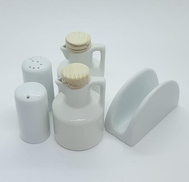 Imagem de Kit Galheteiro 5 peças Azeite, Vinagre, Sal, Paliteiro e Porta Guardanapo - Porcelana e Pinus