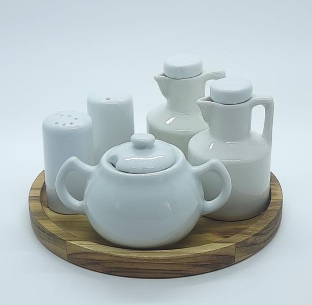 Imagem de Kit Galheteiro 6 peças Azeite, Vinagre, Sal, Paliteiro e Açúcar - Porcelana