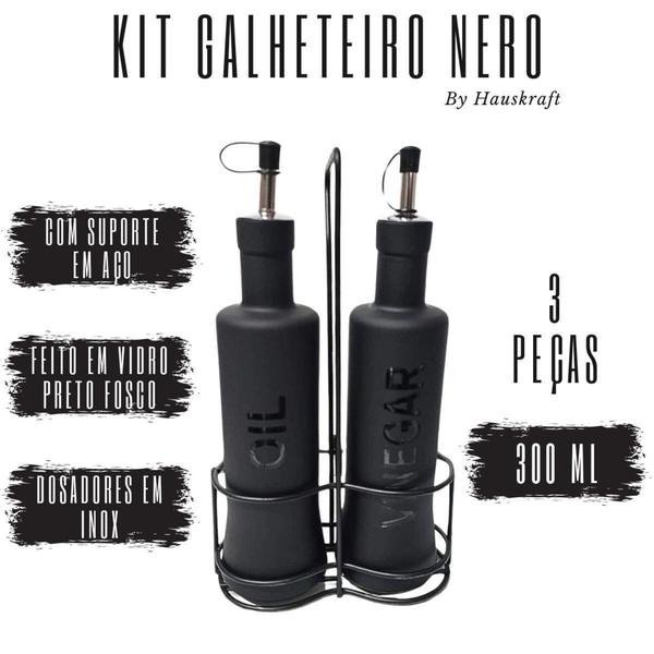 Imagem de Kit Galheteiro Porta Azeite Vinagre Com Suporte 300ml 3 Peças Cozinha Linha Nero - Haüskraft