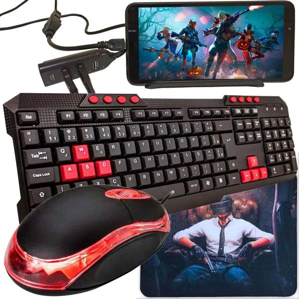 Kit Gamer Mobilador Para Celular Com Teclado + Mouse Óptico 800 dpi + Mouse Pad + Acessórios - EVOLUT Imagem de Kit Gamer Mobilador Para Celular Com Teclado + Mouse Óptico 800 dpi + Mouse Pad + Acessórios