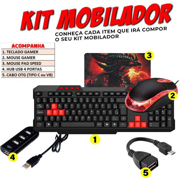 Kit Gamer Mobilador Para Celular Com Teclado + Mouse Óptico 800 dpi + Mouse Pad + Acessórios - EVOLUT Imagem de Kit Gamer Mobilador Para Celular Com Teclado + Mouse Óptico 800 dpi + Mouse Pad + Acessórios