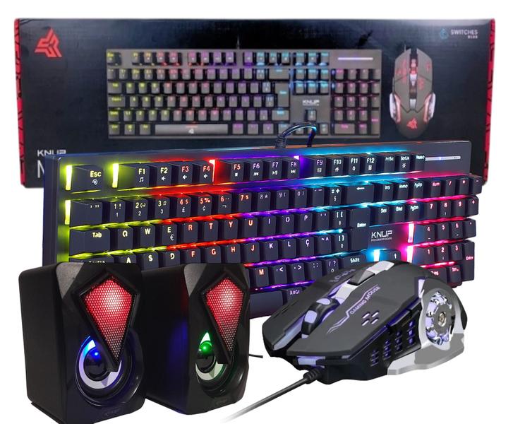 Imagem de Kit Gamer Teclado Mecanico Anti Ghosting, Mouse Ergonomico 6 botões e Caixa de Som multimidia Iluminação LED RGB  Pc Notebook Console