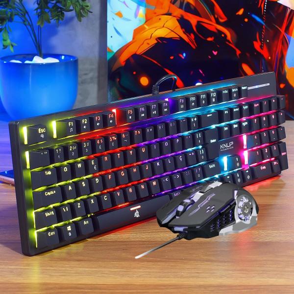 Imagem de kit Gamer Teclado mecanico Antighosting Led 12 Cores, Mouse 6 Botões 3600 Dpi Led Rainbow e Headset Com Microfone Retrat