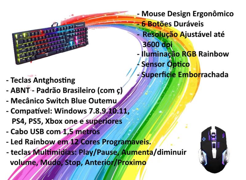 Imagem de kit Gamer Teclado mecanico Antighosting Led 12 Cores, Mouse 6 Botões 3600 Dpi Led Rainbow e Headset Com Microfone Retrat