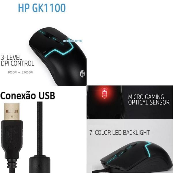 Imagem de Kit Gaming HP Teclado Mouse GK1100 USB 1600DPI Led Azul