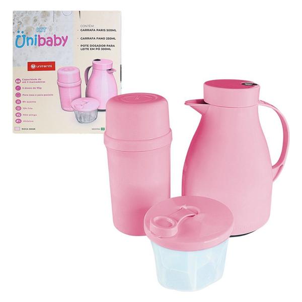 Imagem de Kit Garrafa Paris 500ml Garrafa Fano 250ml e Pote Dosador 300ml Unibaby Rosa