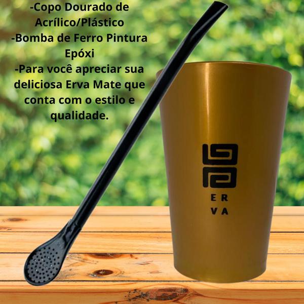 Imagem de Kit: Garrafa Pávia + Copo Caldereta Dourado + Bomba Preta + Erva + Porta Lata + Scoop